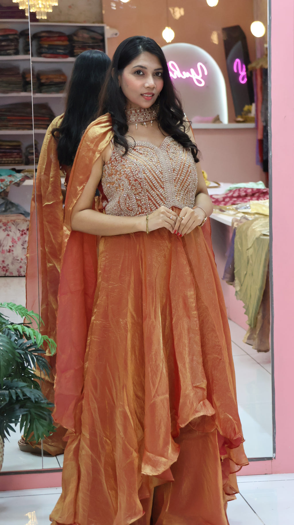 Premium Golden  Orange Indo western Dress -YVS212