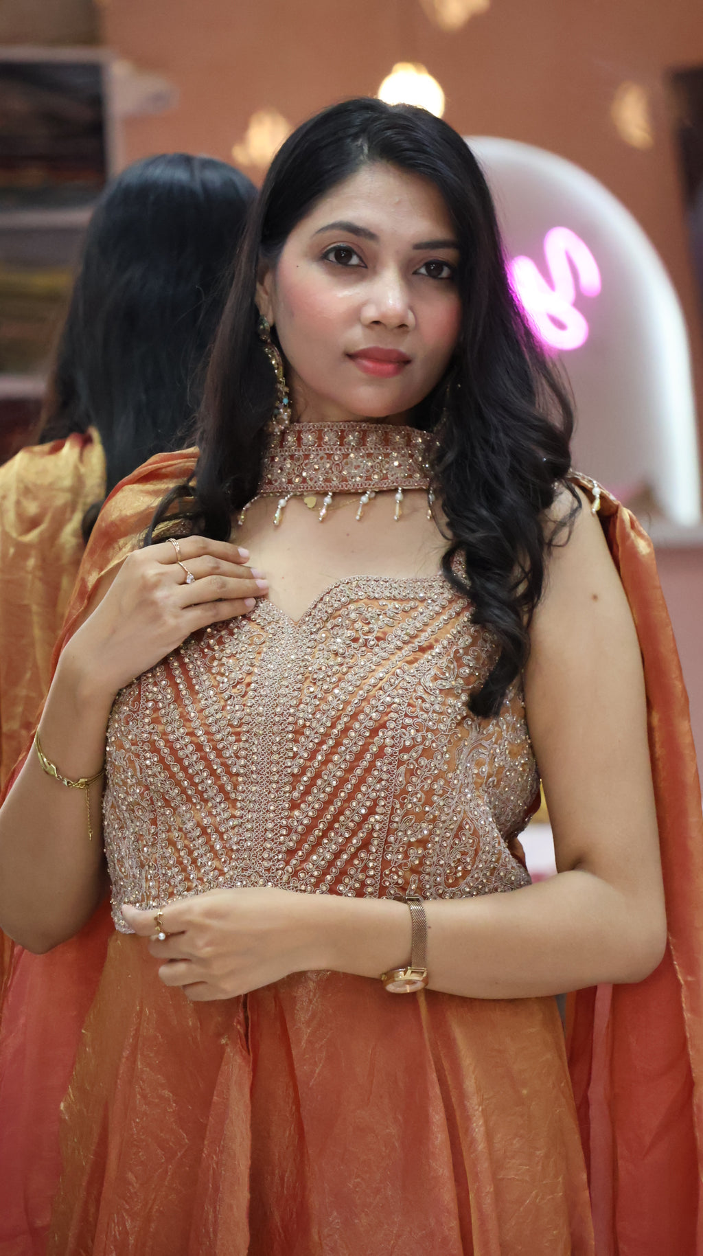 Premium Golden  Orange Indo western Dress -YVS212