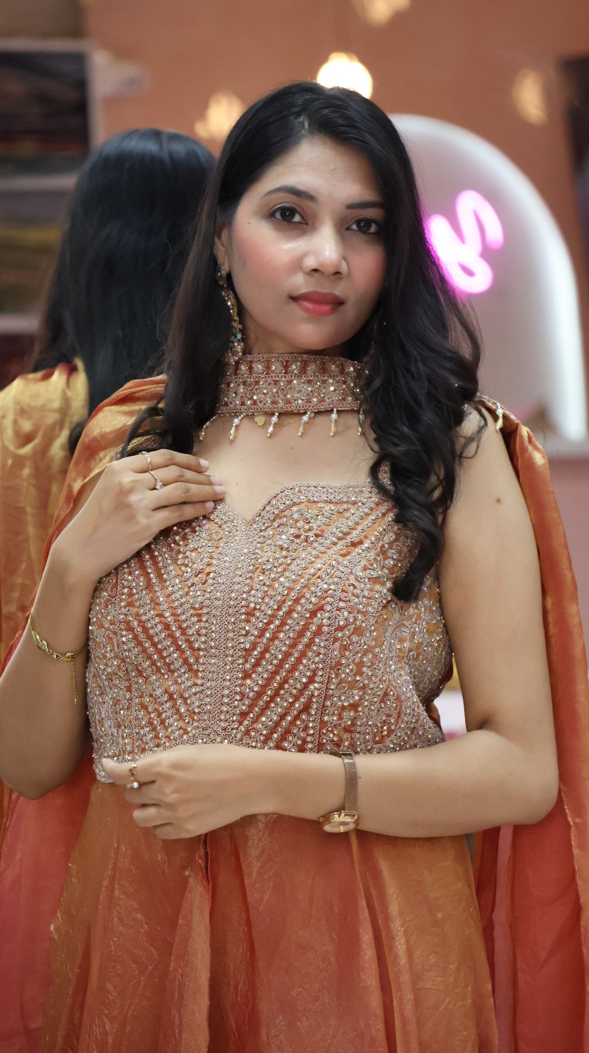 Premium Golden  Orange Indo western Dress -YVS212