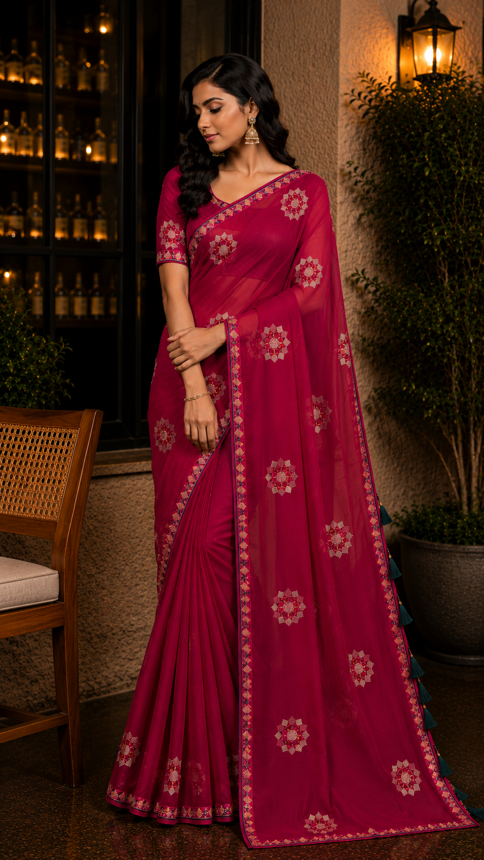 Ruby Red Jimmy choo designer saree with rhinestone and embroidery designs all over the saree