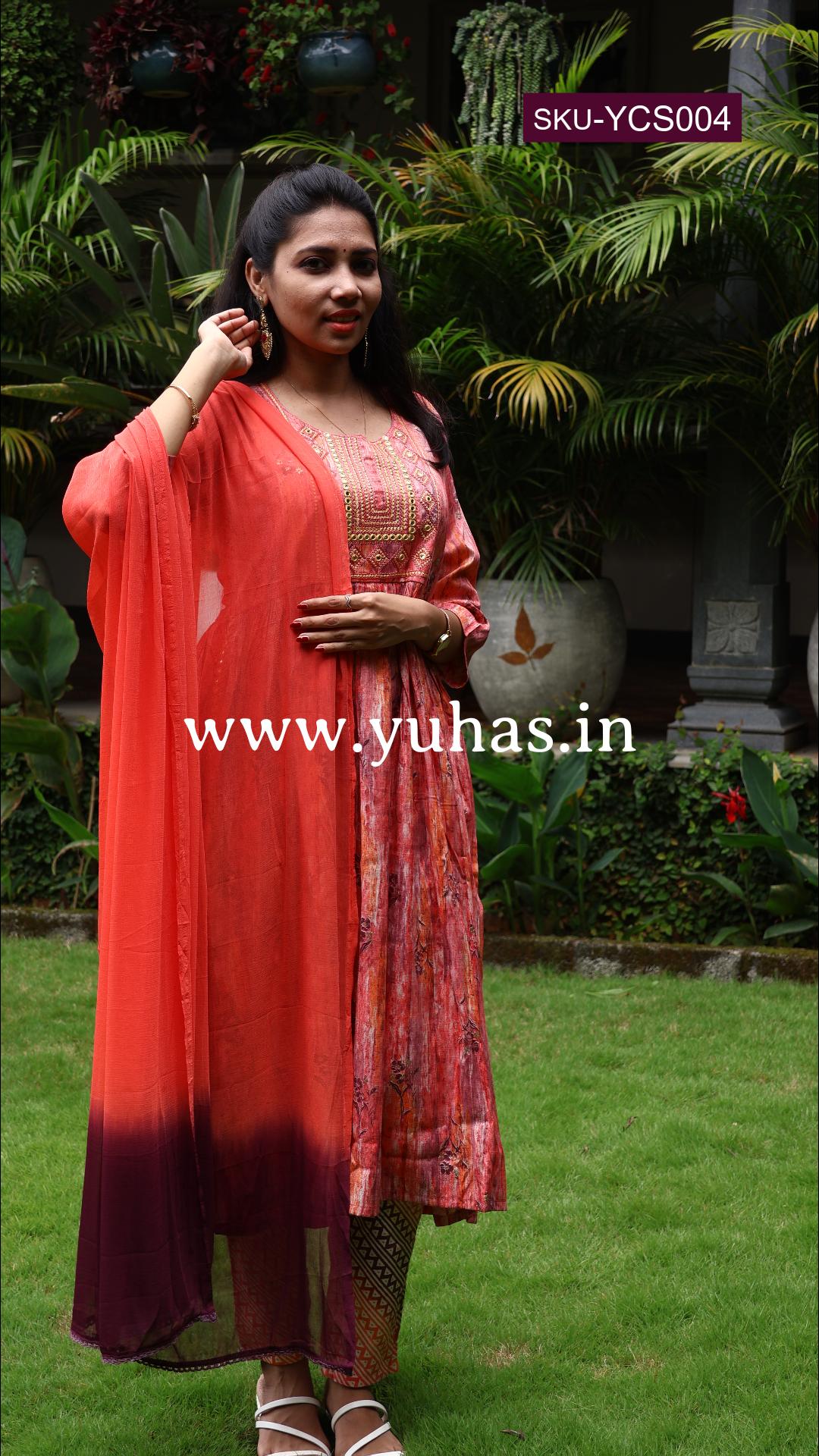 Pink Nayra cut A-line kurti with trousers and dupatta- YCS004