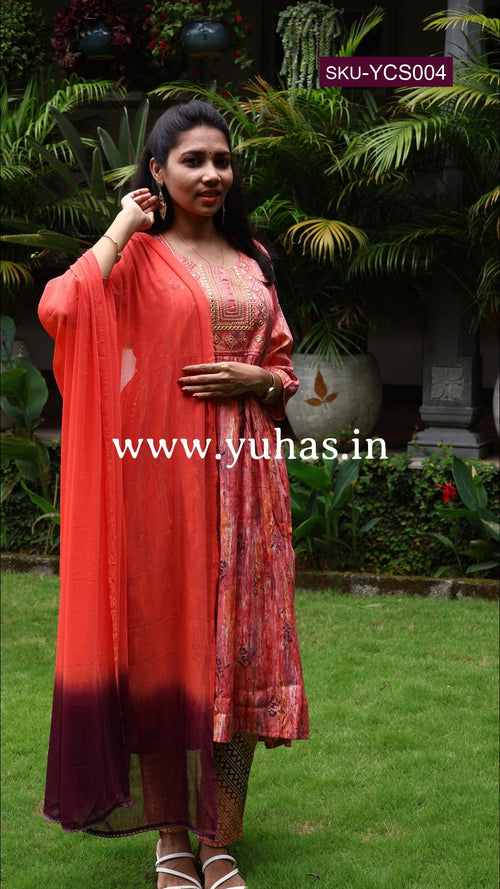 Pink Nayra cut A-line kurti with trousers and dupatta- YCS004