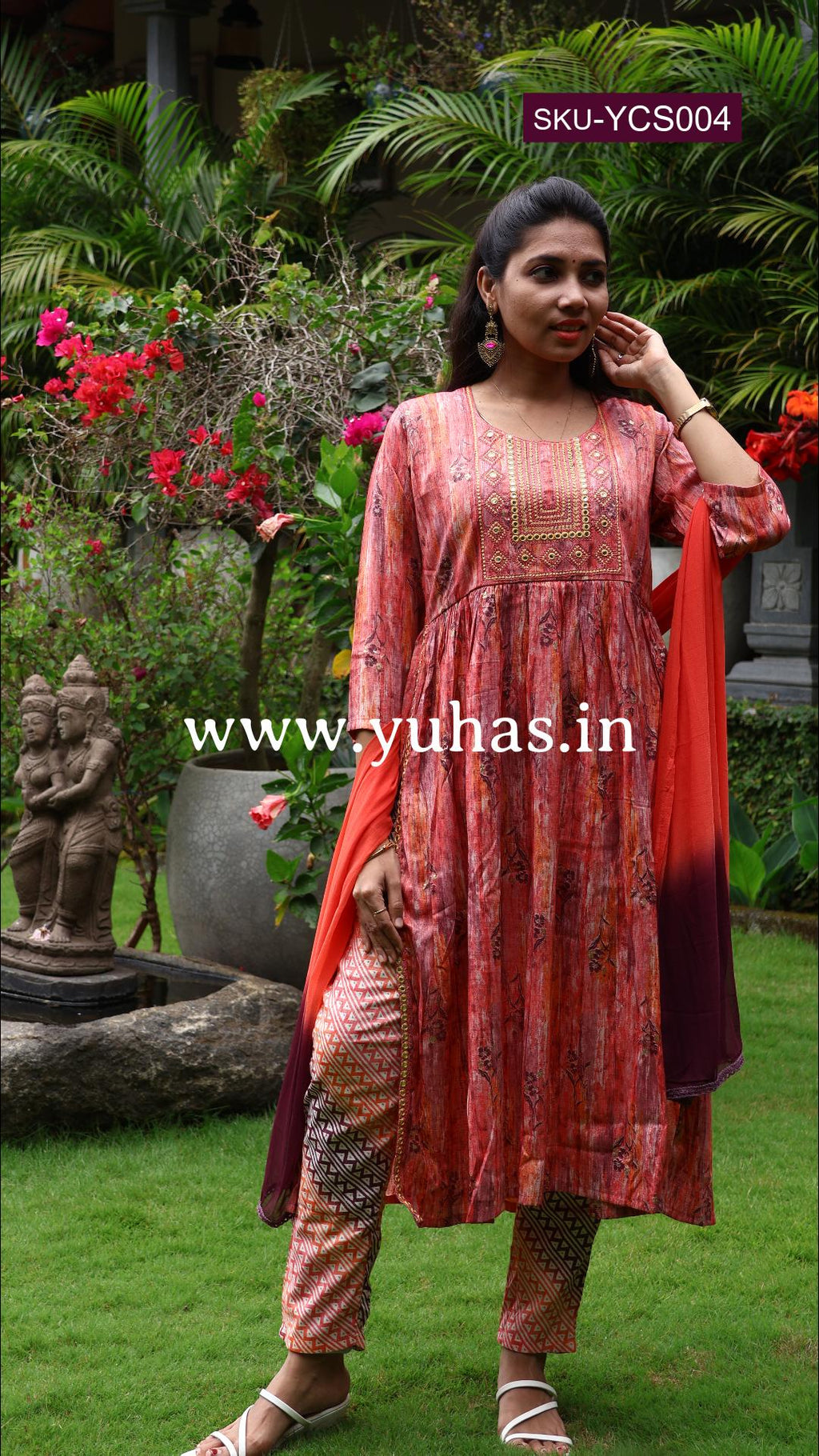 Pink Nayra cut A-line kurti with trousers and dupatta- YCS004