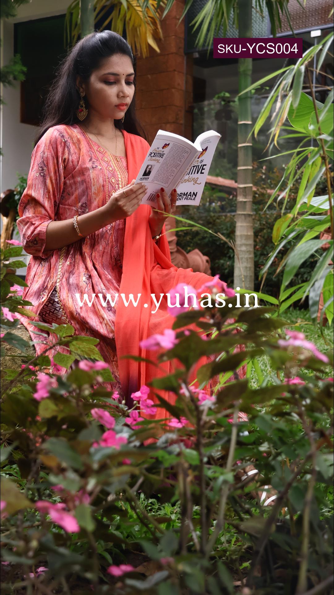 Pink Nayra cut A-line kurti with trousers and dupatta- YCS004