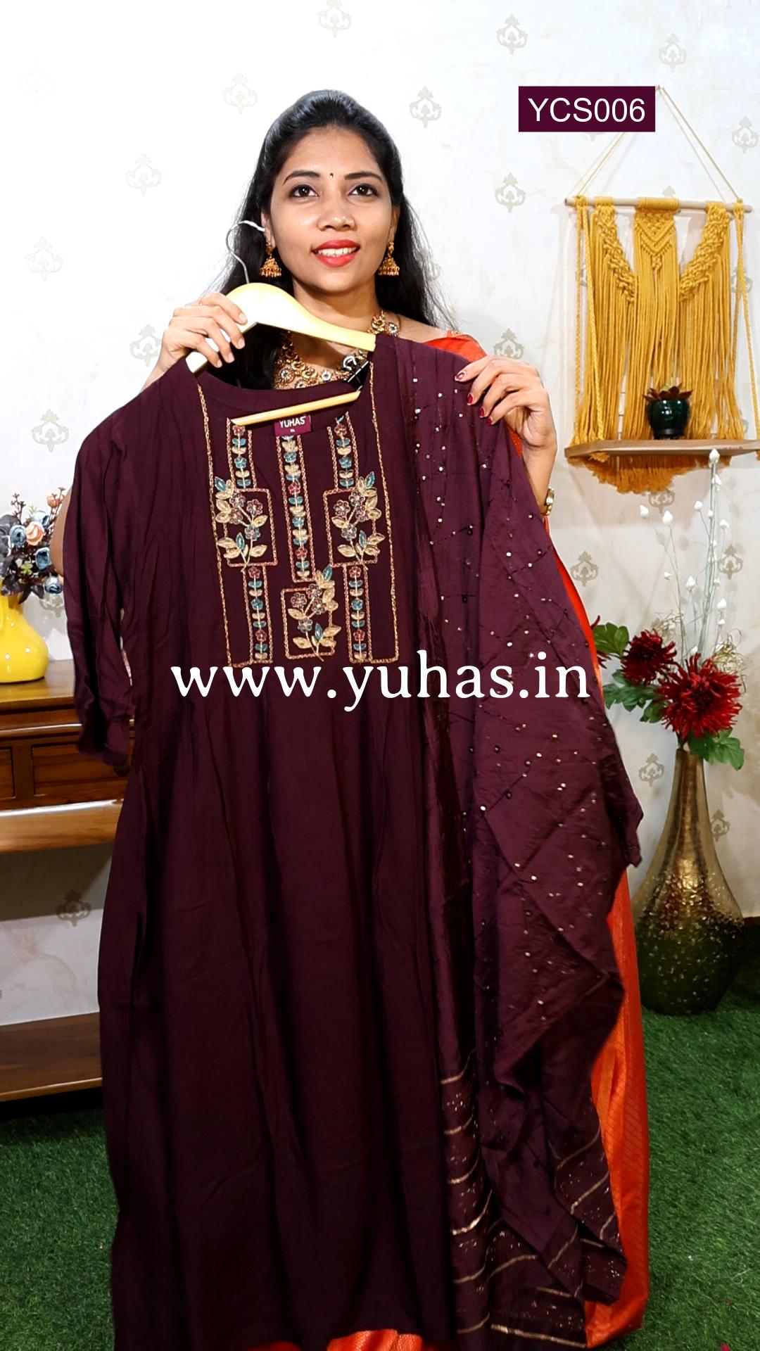 Wine Floral Embroidered Nayra -Cut Kurti with Trousers and Dupatta- YCS006