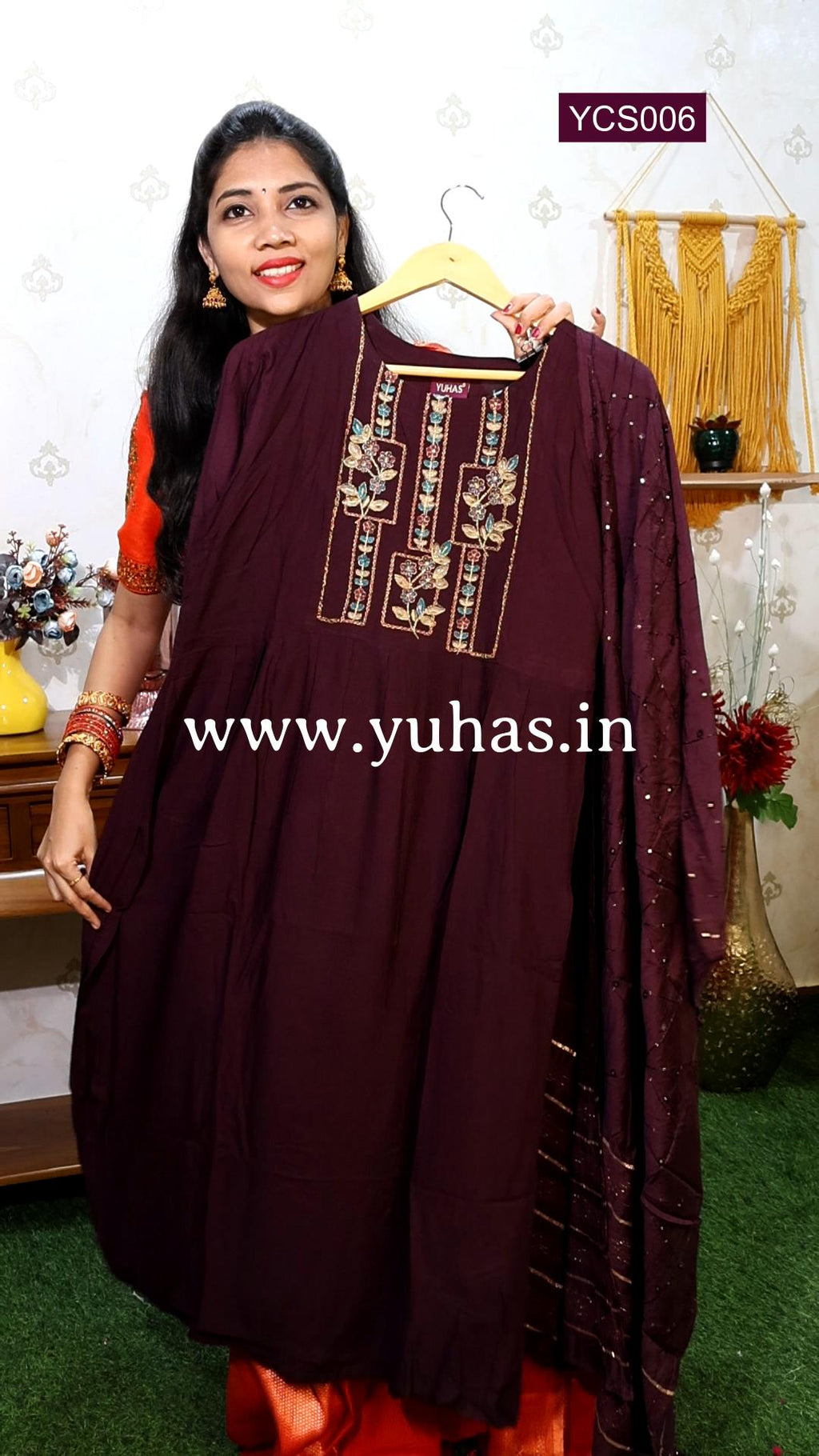 Wine Floral Embroidered Nayra -Cut Kurti with Trousers and Dupatta- YCS006