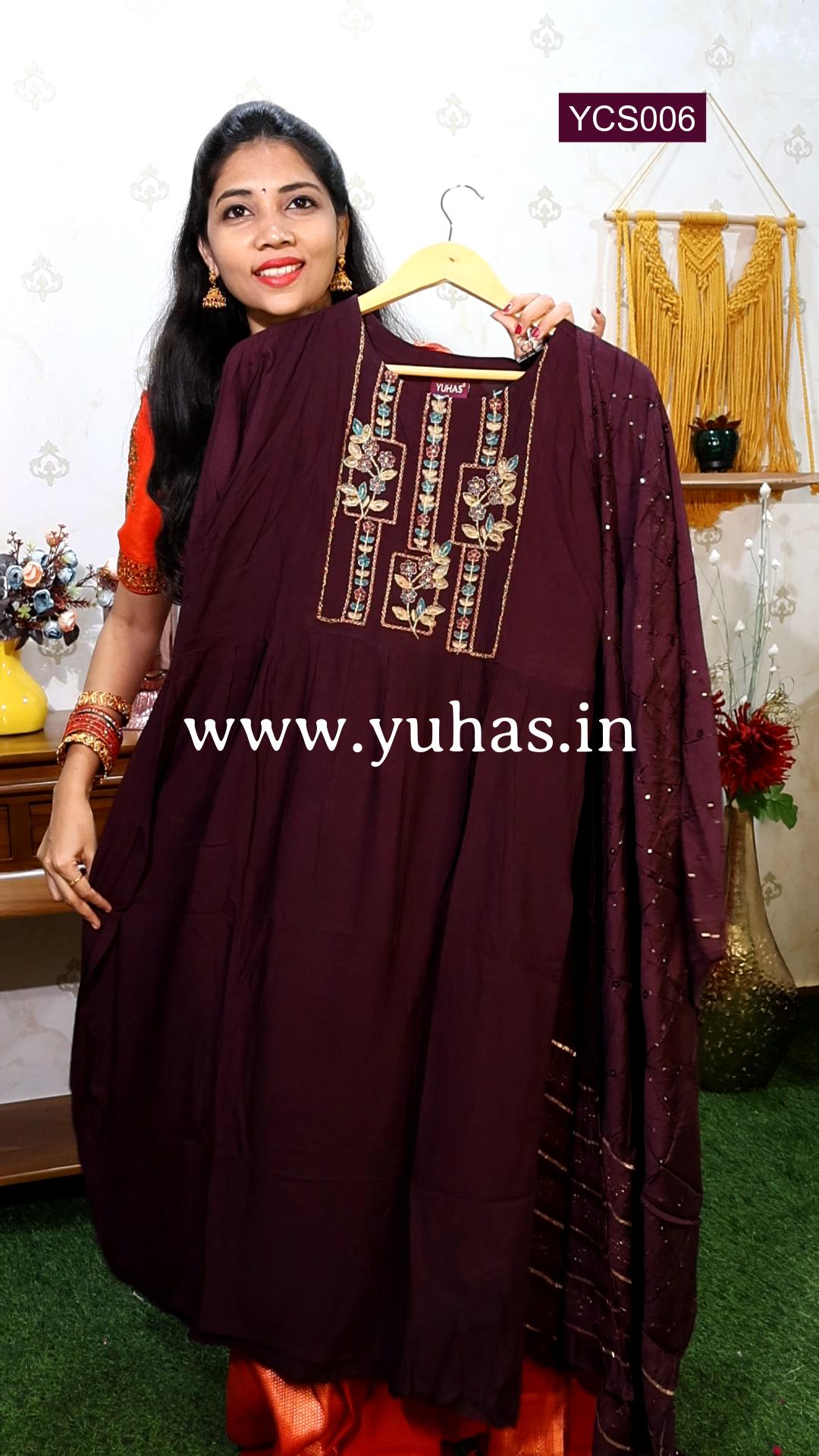 Wine Floral Embroidered Nayra -Cut Kurti with Trousers and Dupatta- YCS006