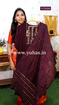Wine Floral Embroidered Nayra -Cut Kurti with Trousers and Dupatta- YCS006