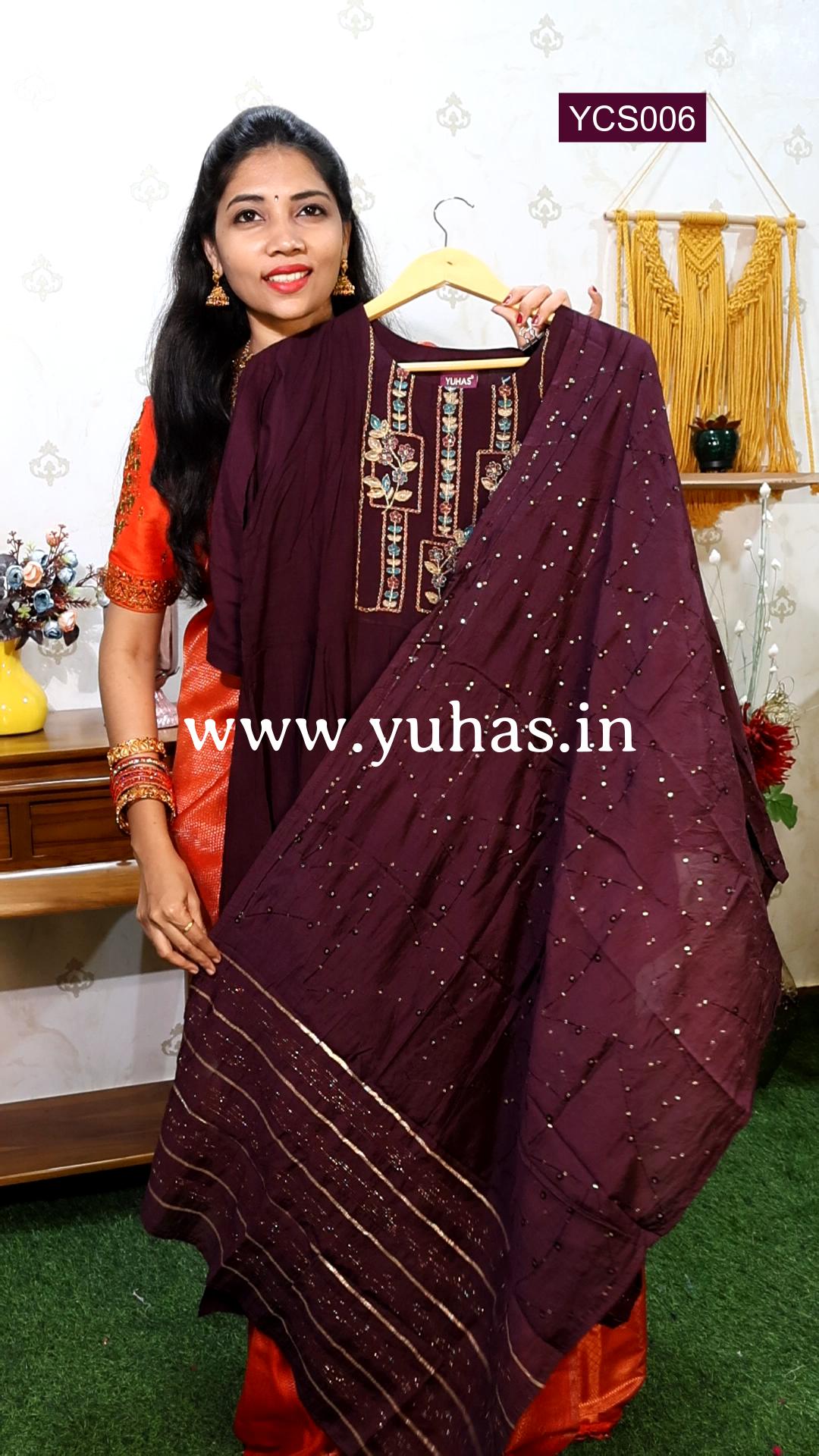 Wine Floral Embroidered Nayra -Cut Kurti with Trousers and Dupatta- YCS006