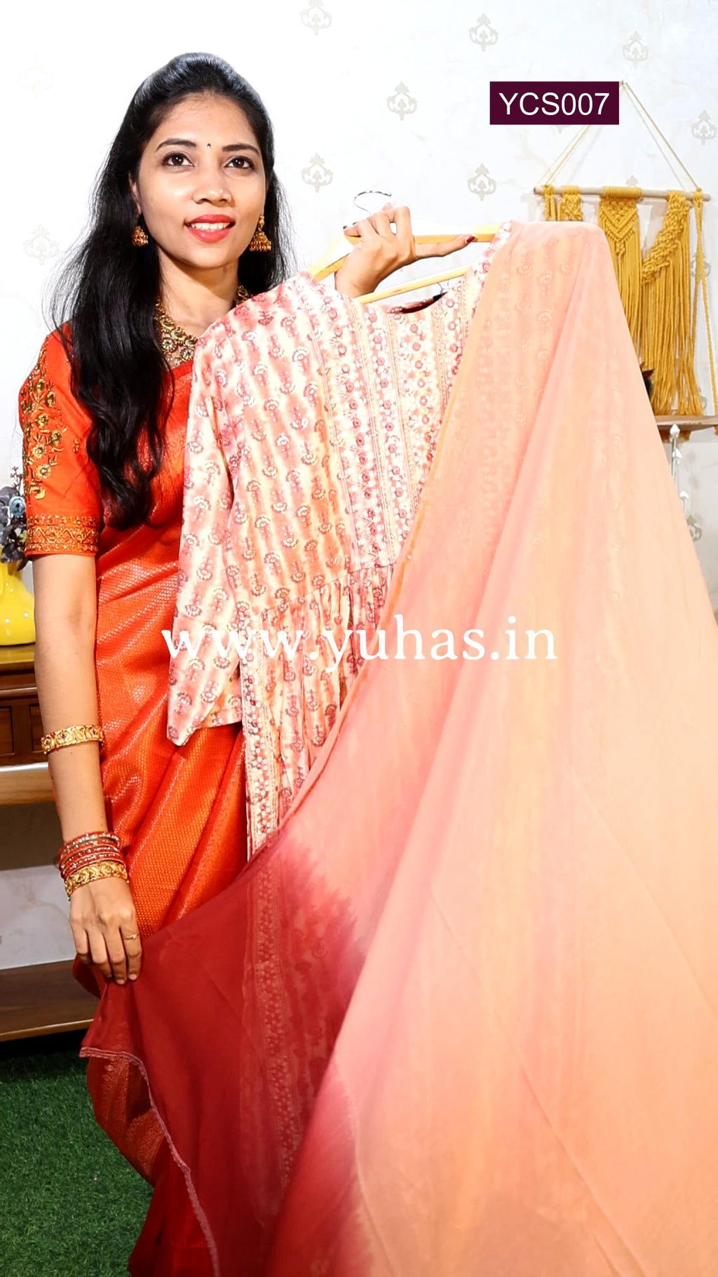 Peach Pink Nayra cut A-line kurti with trousers and dupatta - YCS007