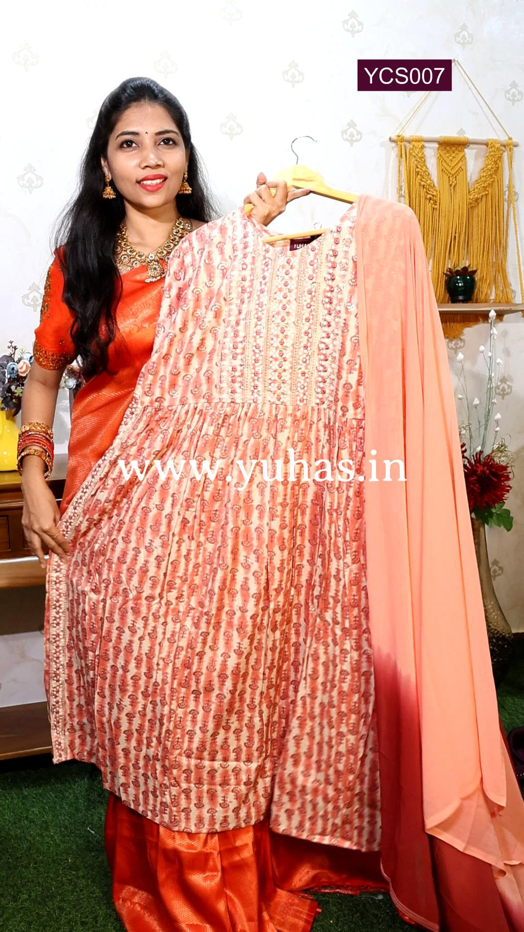 Peach Pink Nayra cut A-line kurti with trousers and dupatta - YCS007