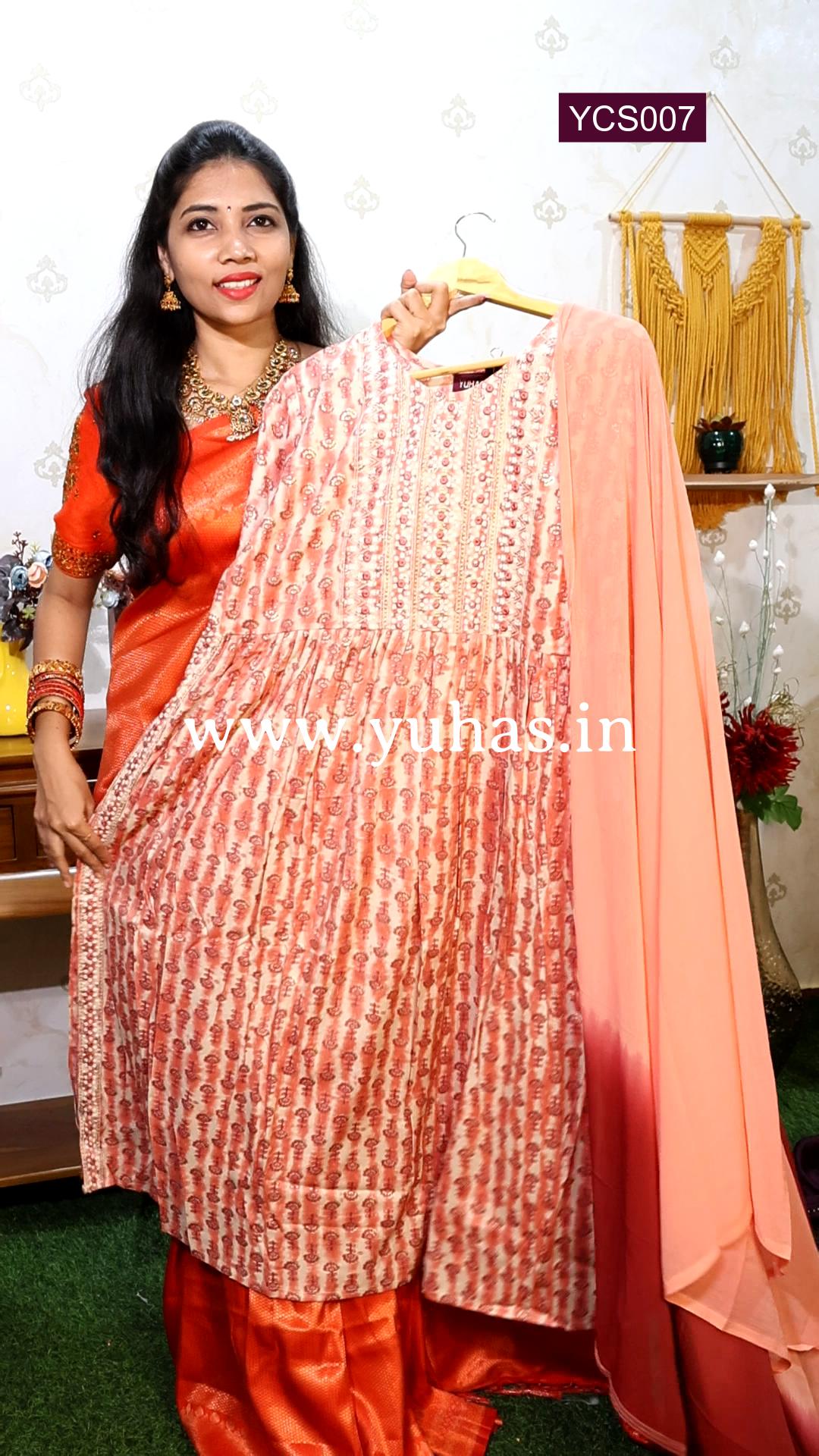 Peach Pink Nayra cut A-line kurti with trousers and dupatta - YCS007