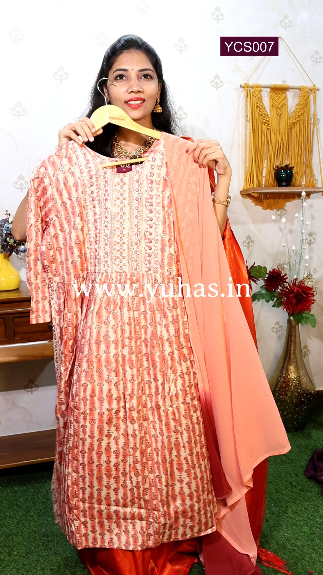 Peach Pink Nayra cut A-line kurti with trousers and dupatta - YCS007