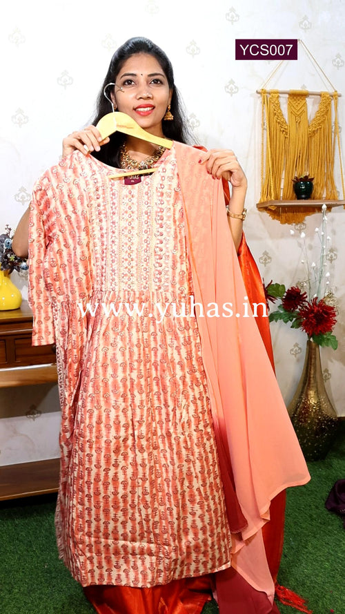 Peach Pink Nayra cut A-line kurti with trousers and dupatta - YCS007