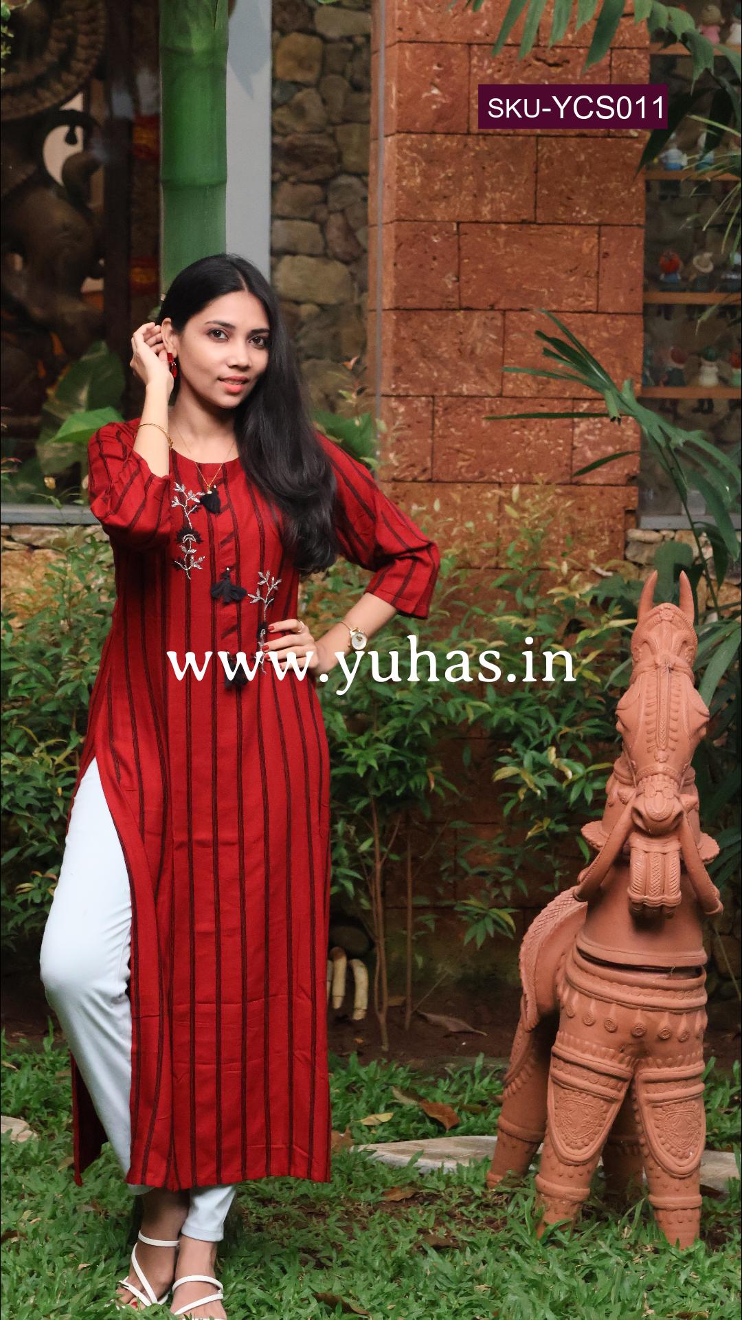 Maroon  stylish  straight kurti with glass bead work - YCS011