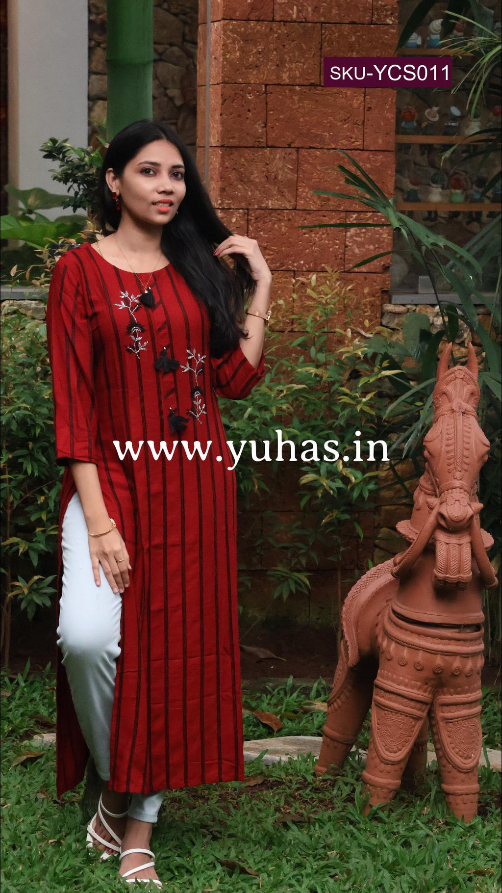 Maroon  stylish  straight kurti with glass bead work - YCS011