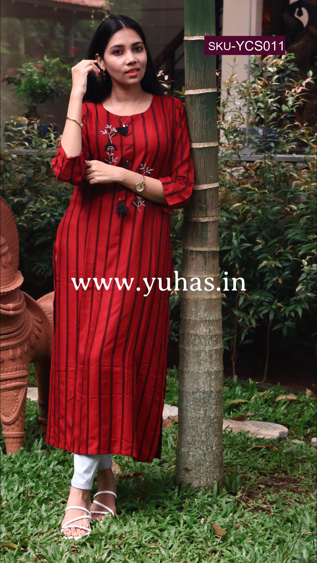 Maroon  stylish  straight kurti with glass bead work - YCS011