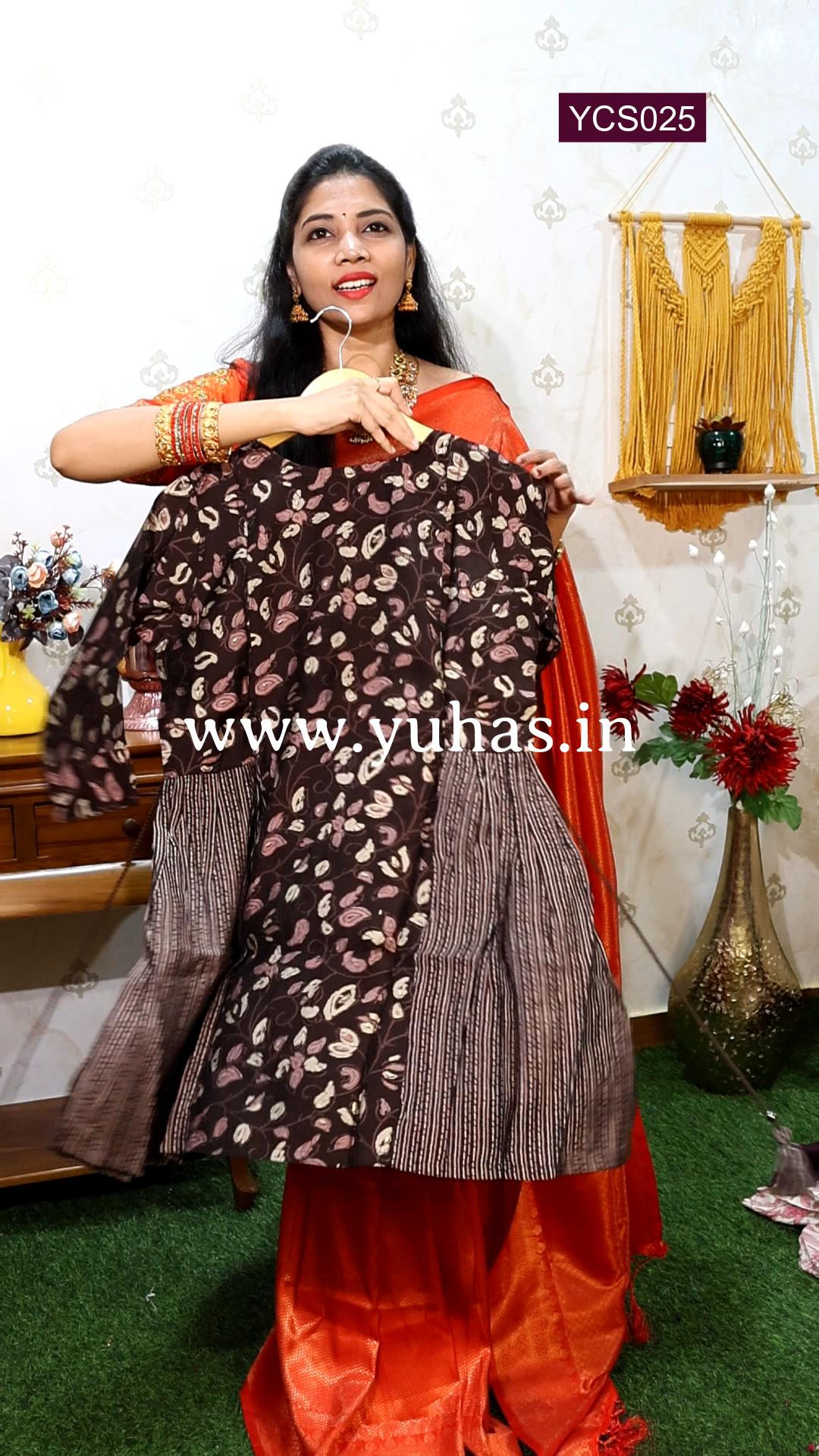 Chocolate Brown Ethnic floral printed tunic with side tassels ,White longline a-line top and Ethnic motifs embroidered