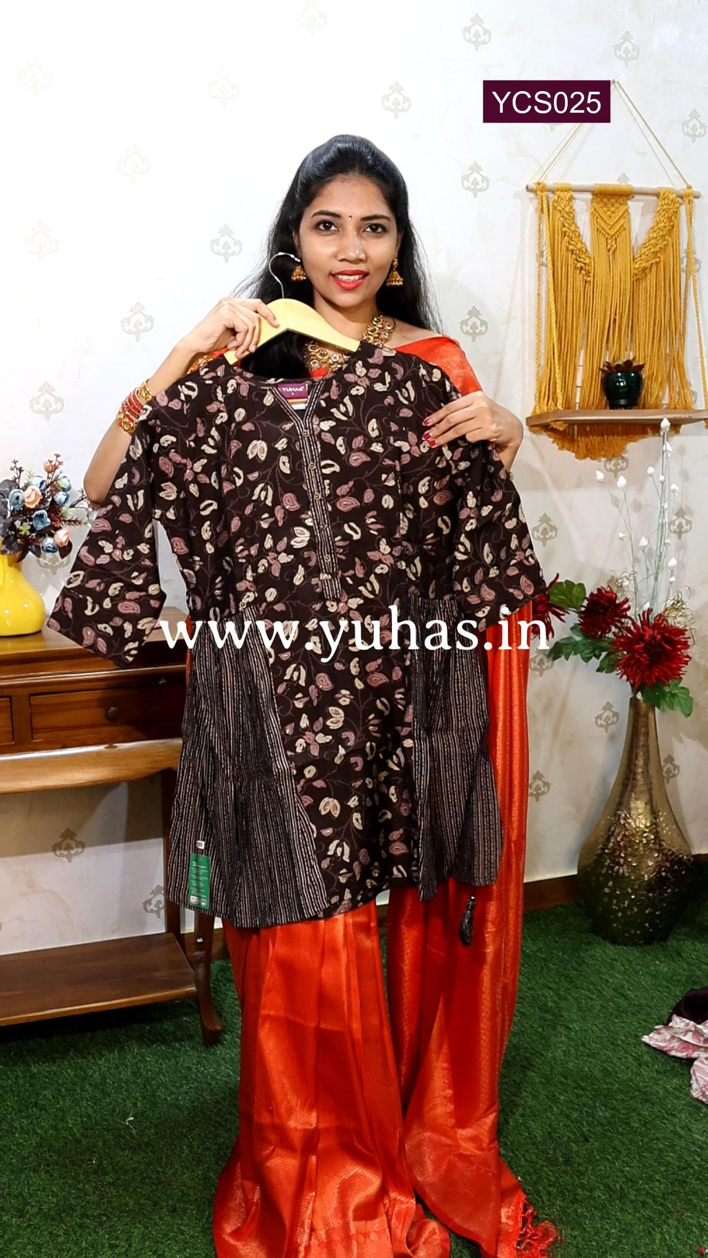 Chocolate Brown Ethnic floral printed tunic with side tassels ,White longline a-line top and Ethnic motifs embroidered