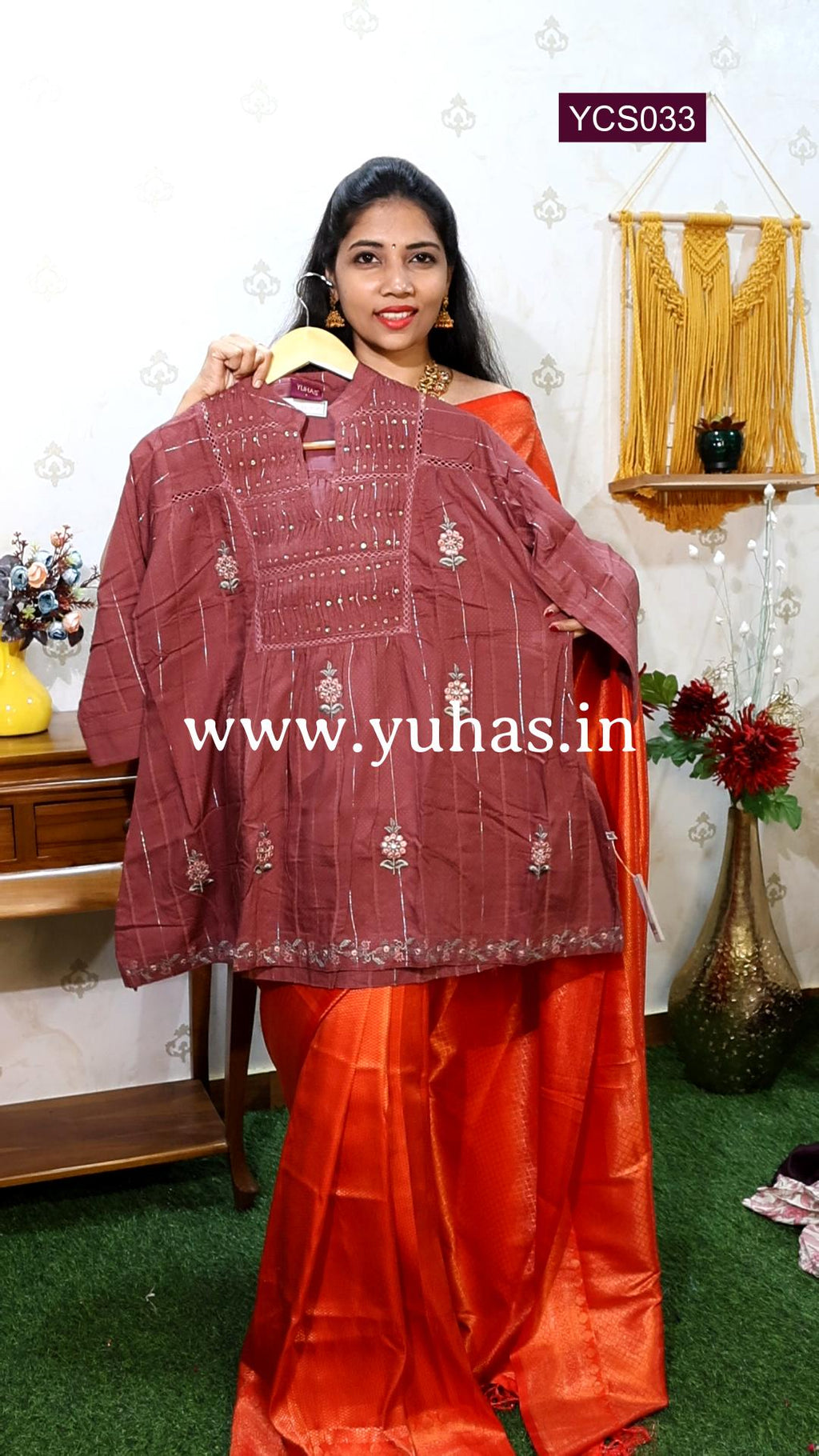 RoseWood Pink Ethnic Regular Sleeves printed Tunic With Glass Bead work and Silver line Strips tunic -YCS033