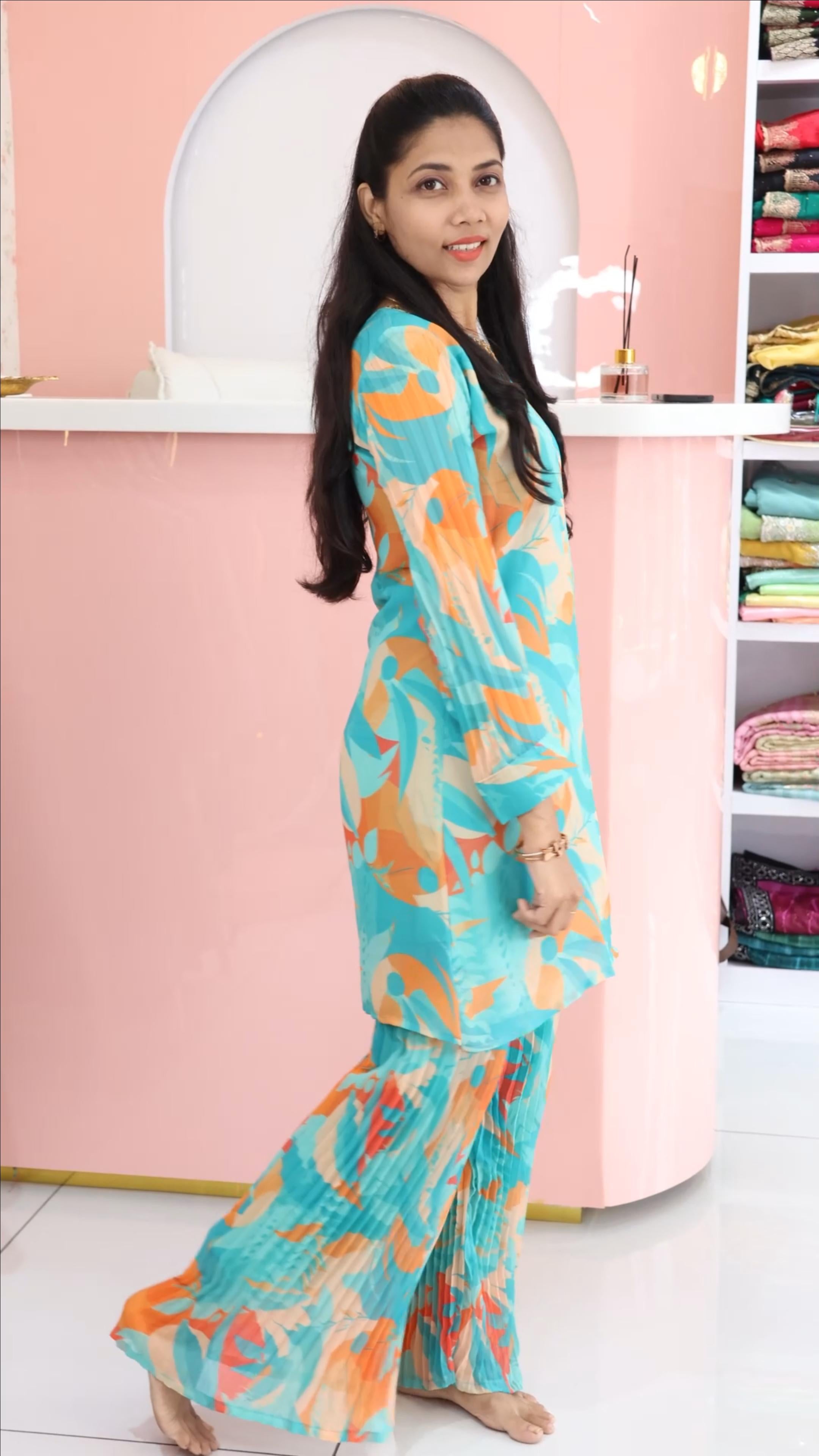 Seafoam Green Indo Western Style Top And Palazzo With Lining - YCS042