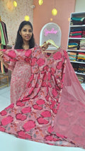 Pure Muslin in magenta color floral designs with neck work. - YCS044