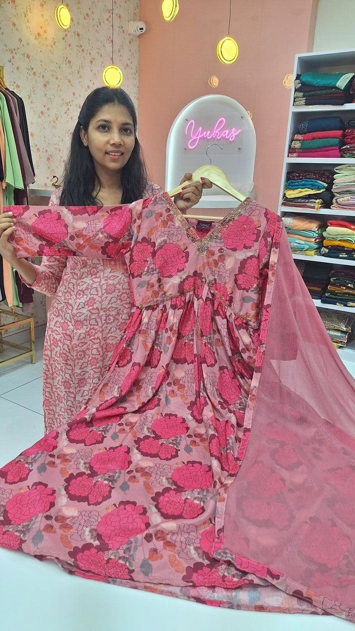 Pure Muslin in magenta color floral designs with neck work. - YCS044