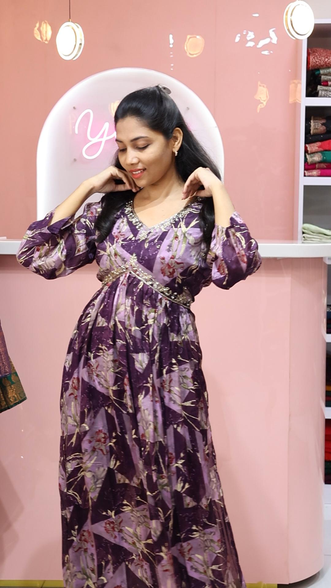 Purple Floral Printed Alia Cut Salwar Suit with Sequence and Bead Work - YCS046