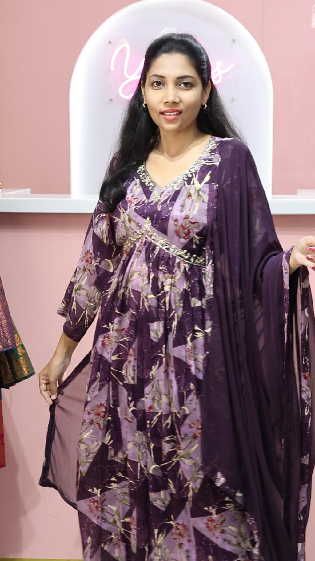 Purple Floral Printed Alia Cut Salwar Suit with Sequence and Bead Work - YCS046