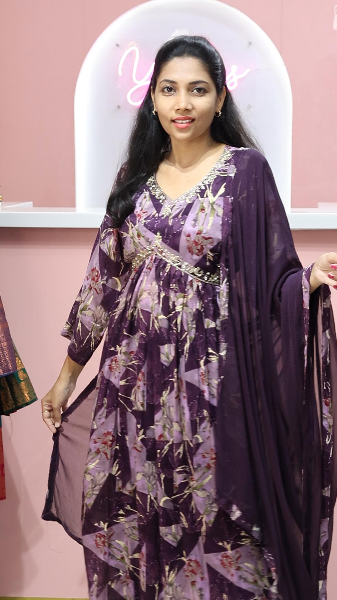 Purple Floral Printed Alia Cut Salwar Suit with Sequence and Bead Work - YCS046