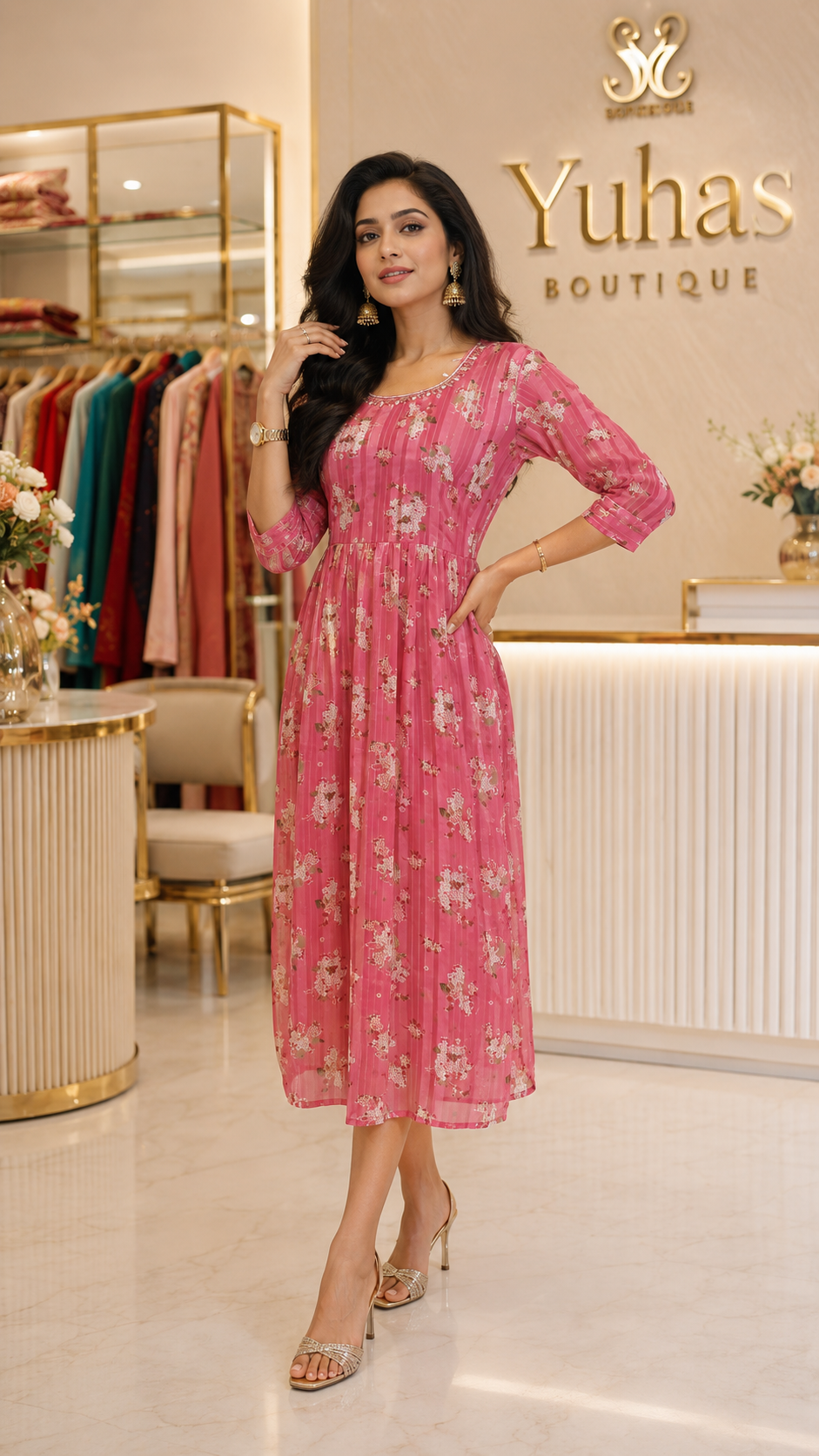 Shimmer georgette frock with handwork neck- YCS125