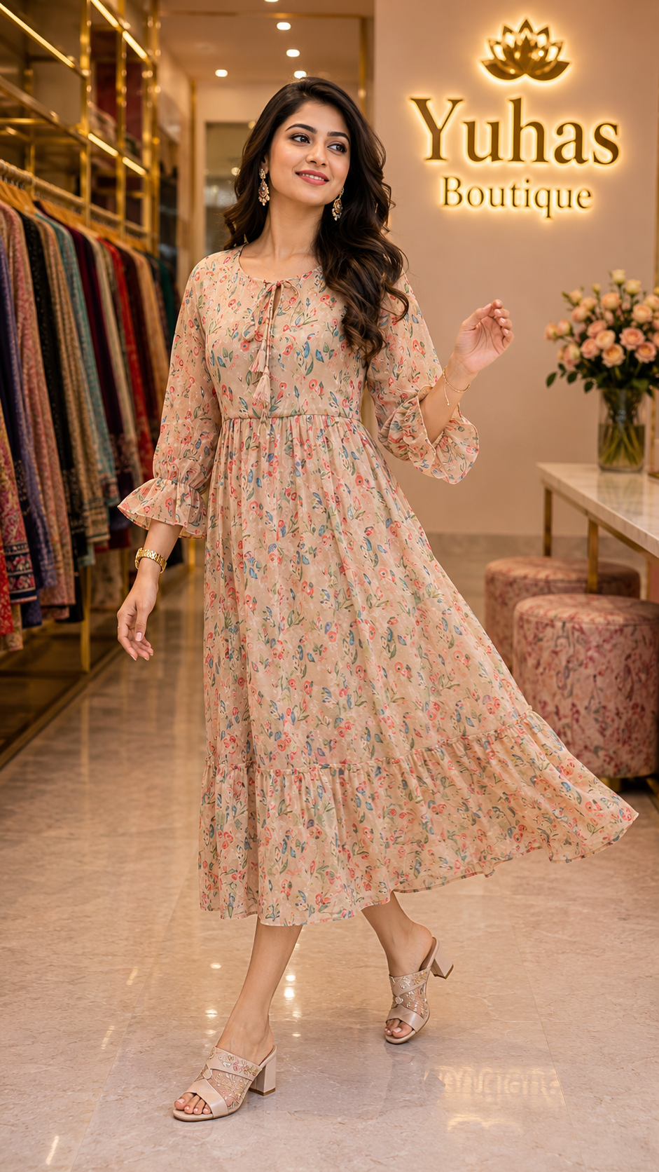 Ivory digital printed long frock - YCS131
