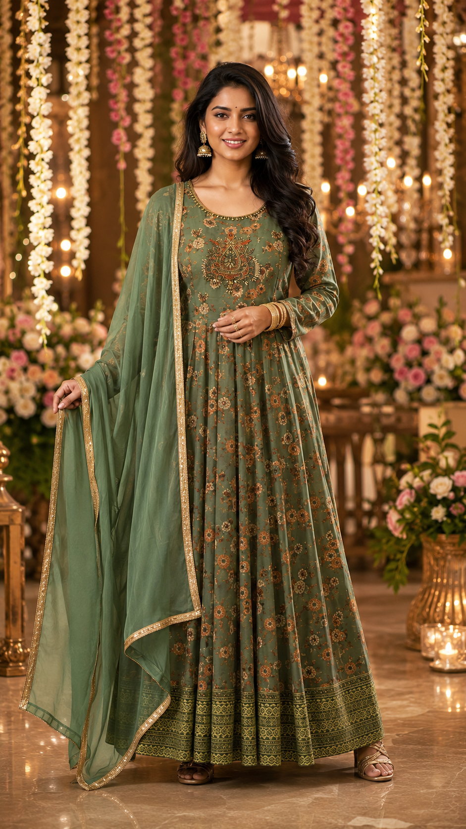 Teal green Grand traditional tissue long gown with rich handwork with pant and dhupatta