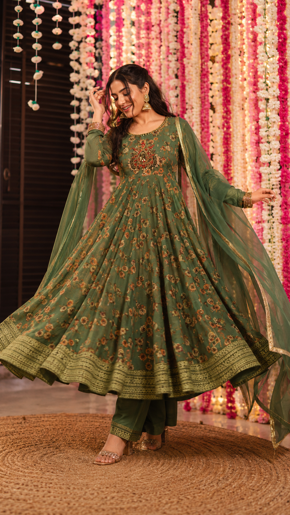 Teal green Grand traditional tissue long gown with rich handwork with pant and dhupatta