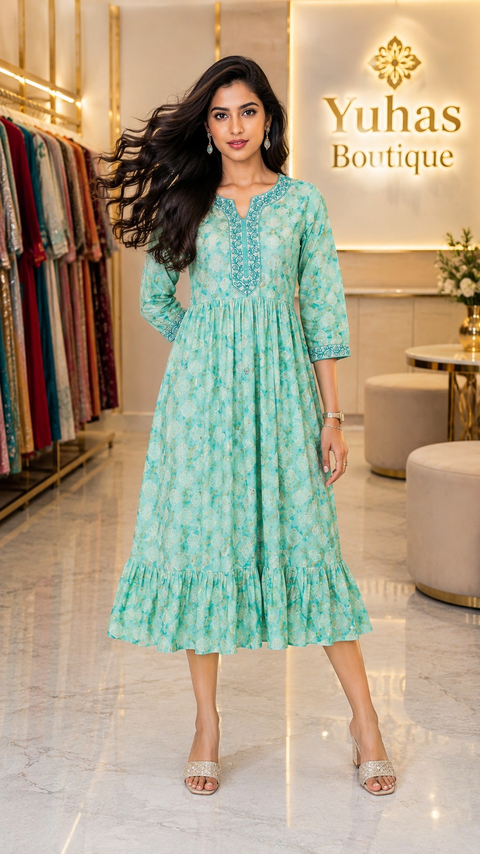 SeaFoam blue 1 tier anarkali dress - YCS141