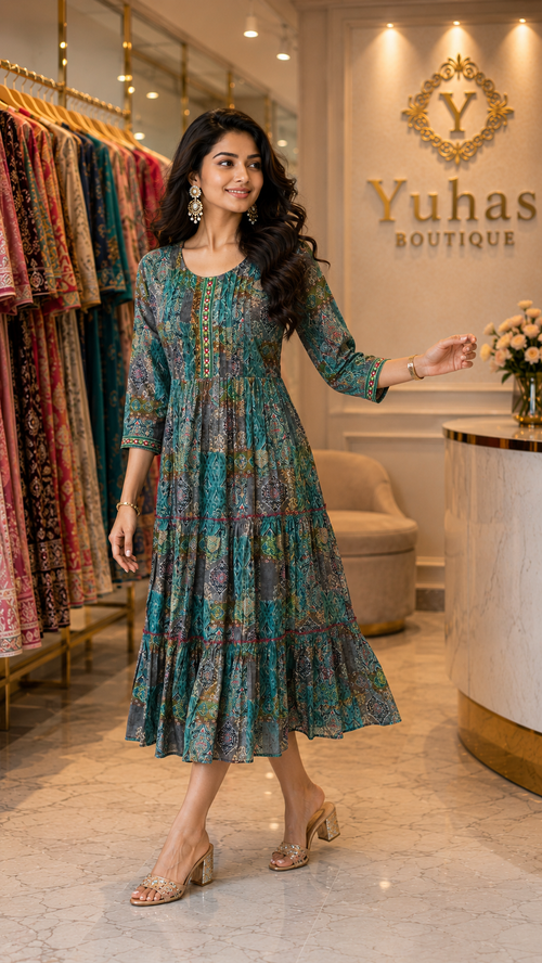 Chanderi 2 tier anarkali dress with side pocket - YCS169