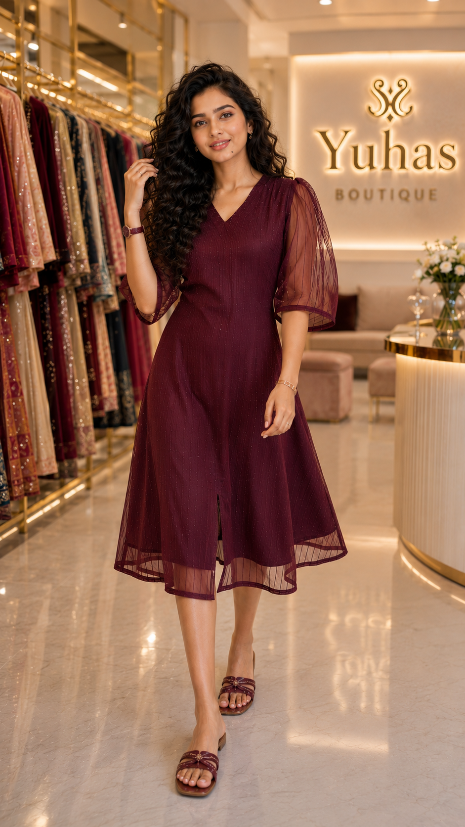 Maroon A-line dress with front slit-YCS536