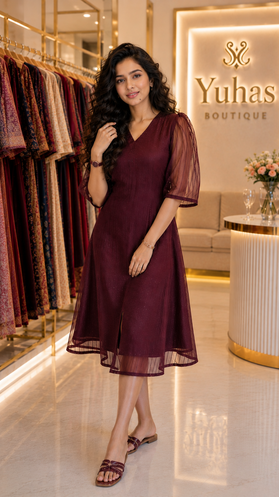 Maroon A-line dress with front slit-YCS536