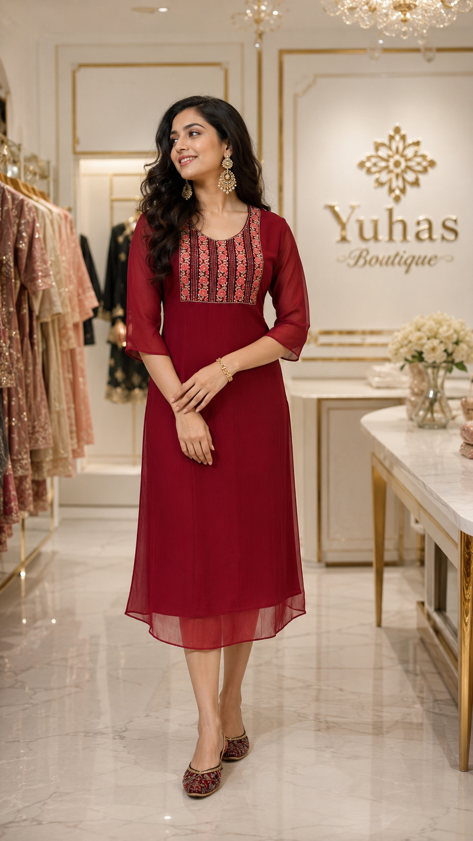 Maroon shimmer flower work maxi -YFS119