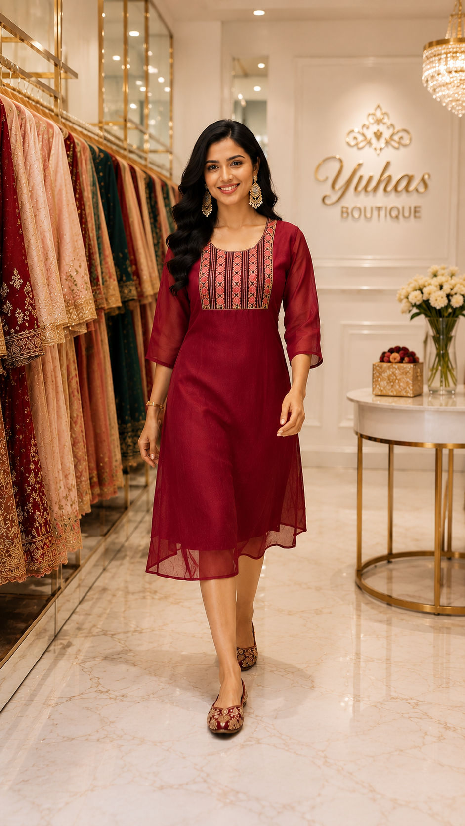 Maroon shimmer flower work maxi -YFS119