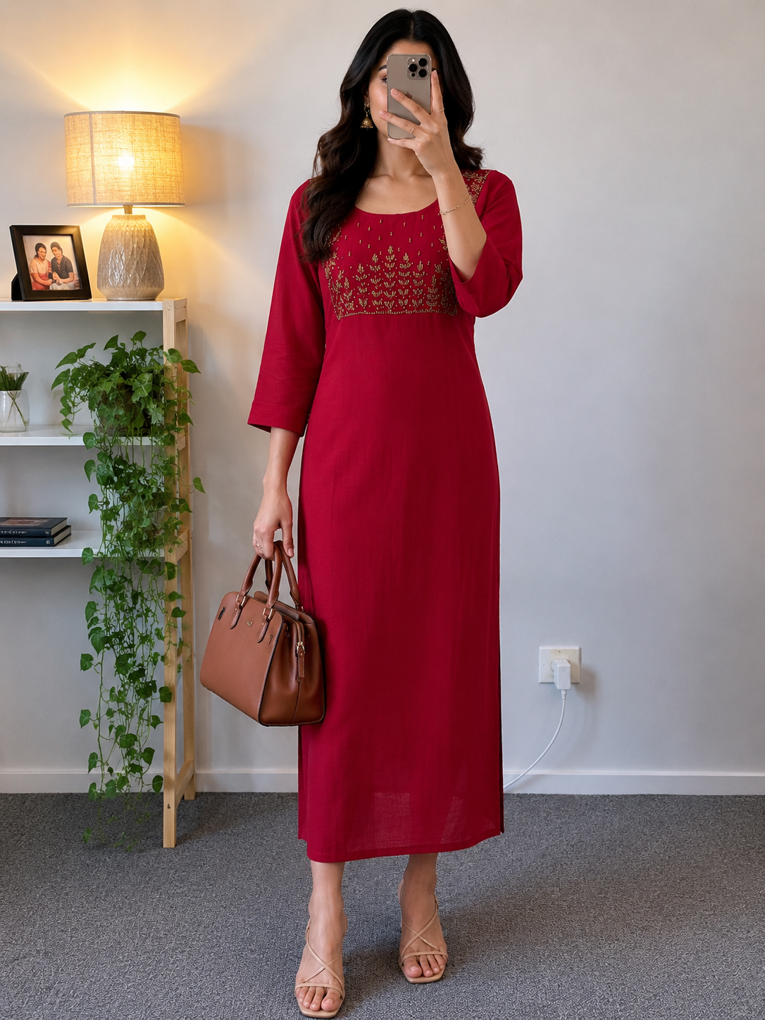लाल फूलों की कढ़ाई वाली पार्टीवियर ड्रेस