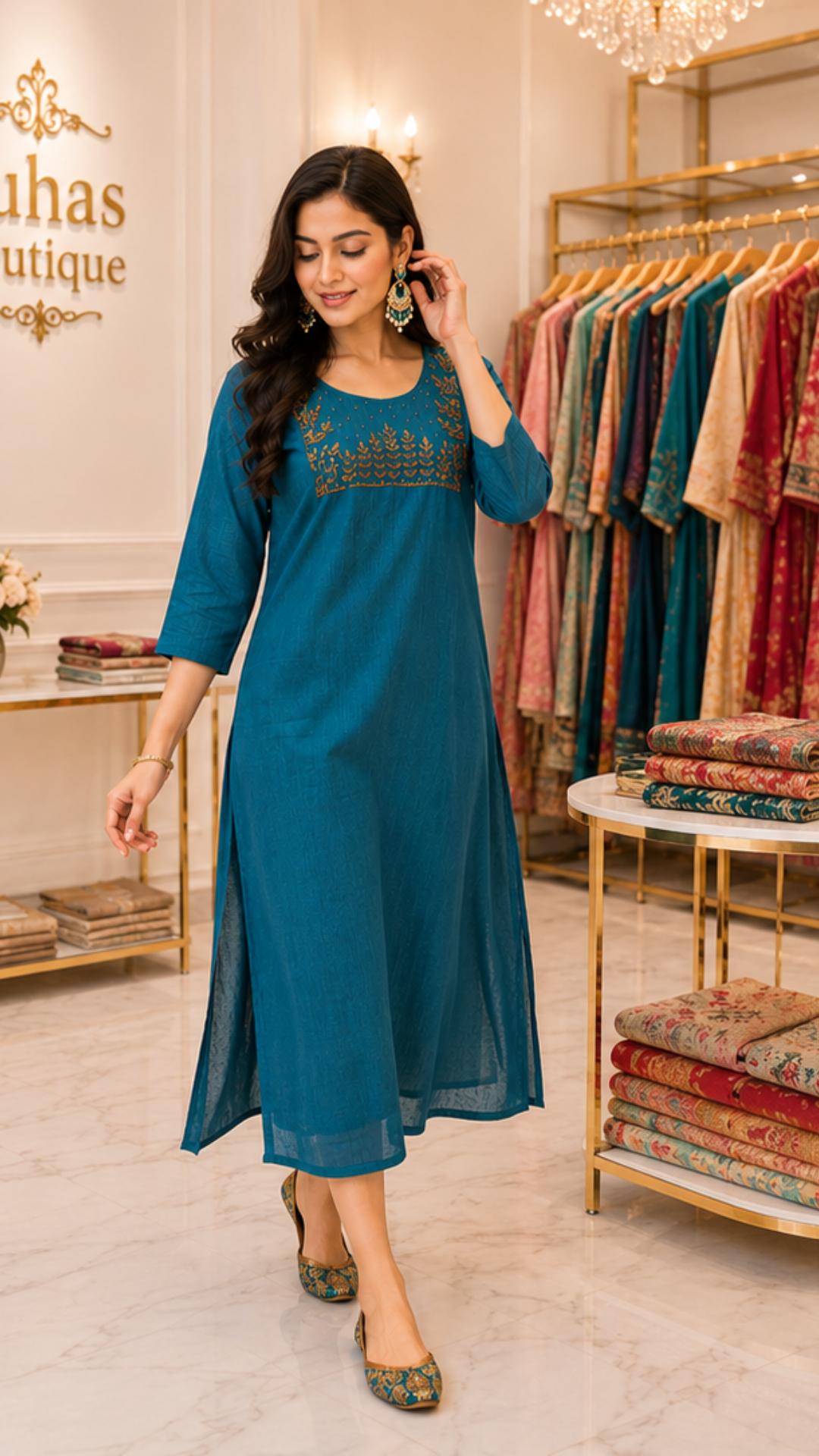 Premium Teal Green Kurti With Neck work