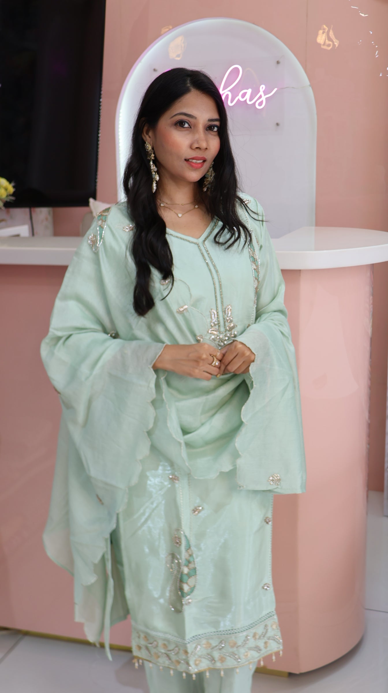 Premium Pista Green Glass Silk Salwar - YFS899