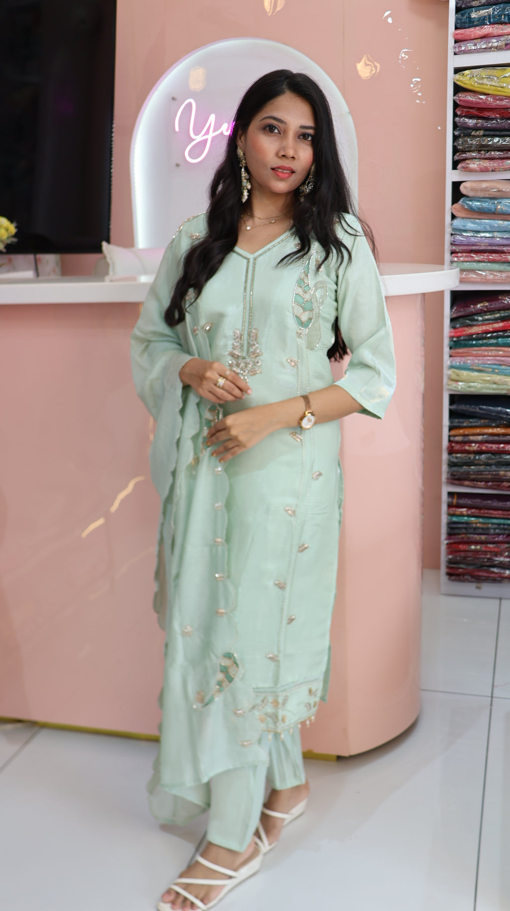 Premium Pista Green Glass Silk Salwar - YFS899