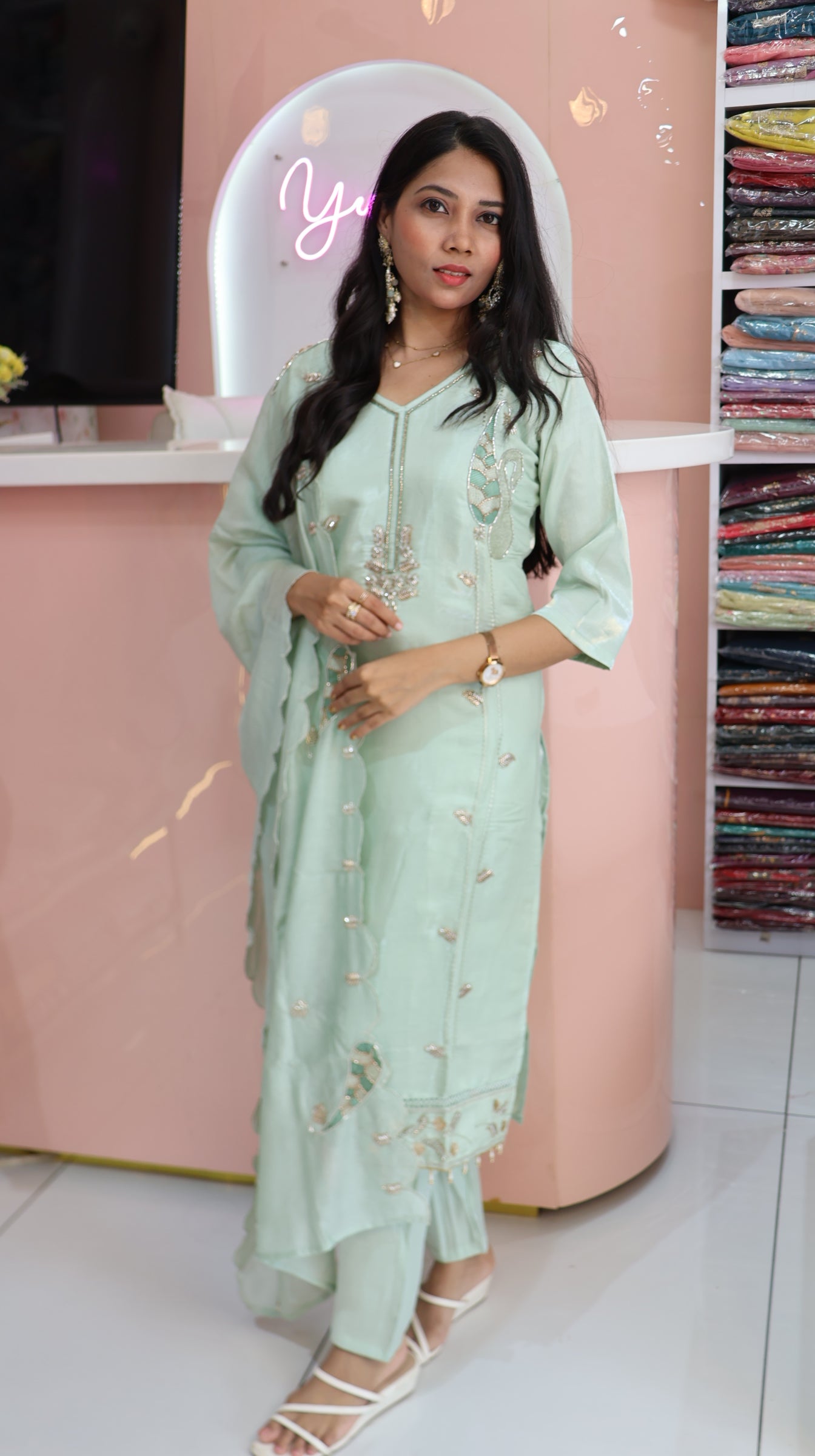 Premium Pista Green Glass Silk Salwar - YFS899