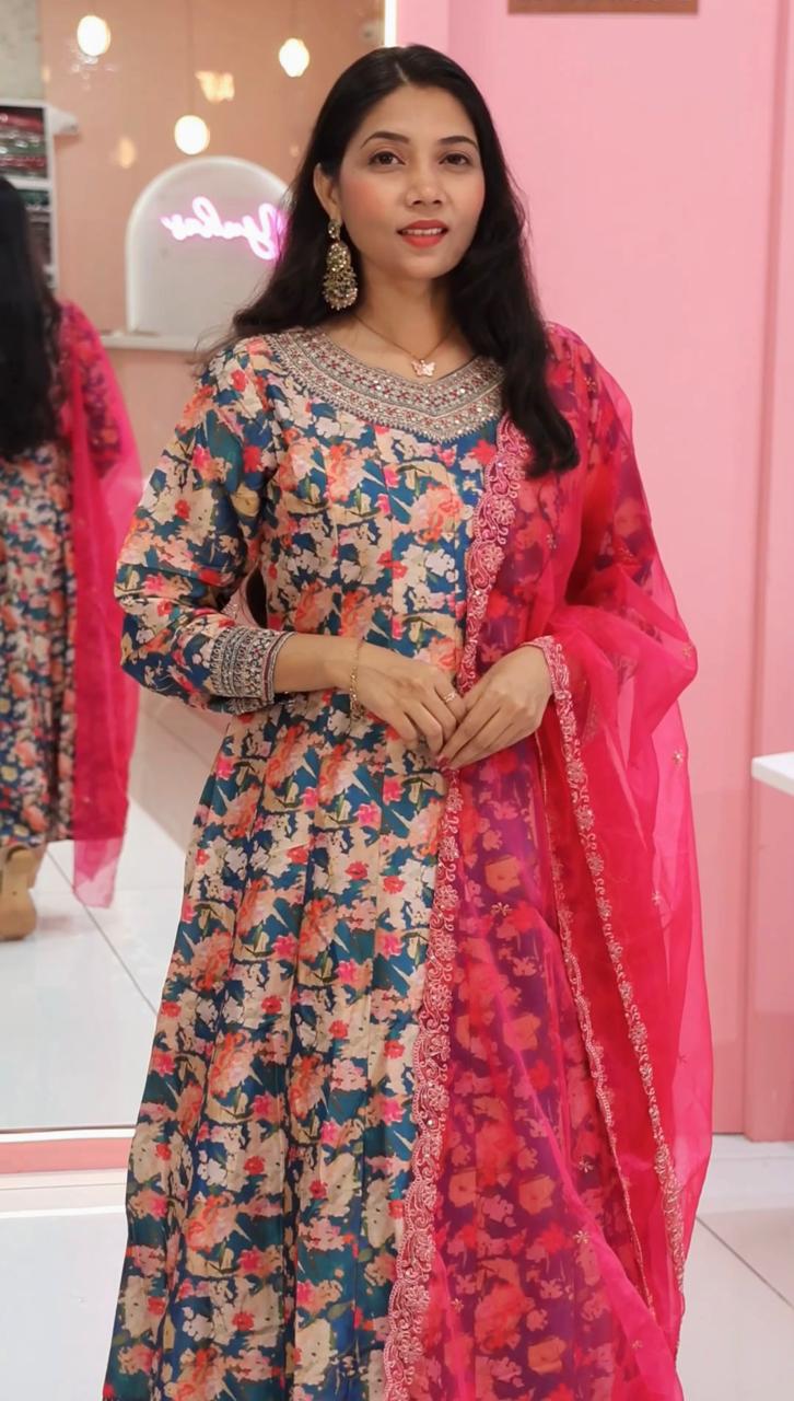 teal green digital print pink contrast