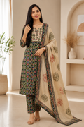 Bottel Green Unstiched Salwar Material With Kurti, Pant and dhupatta -YUS052