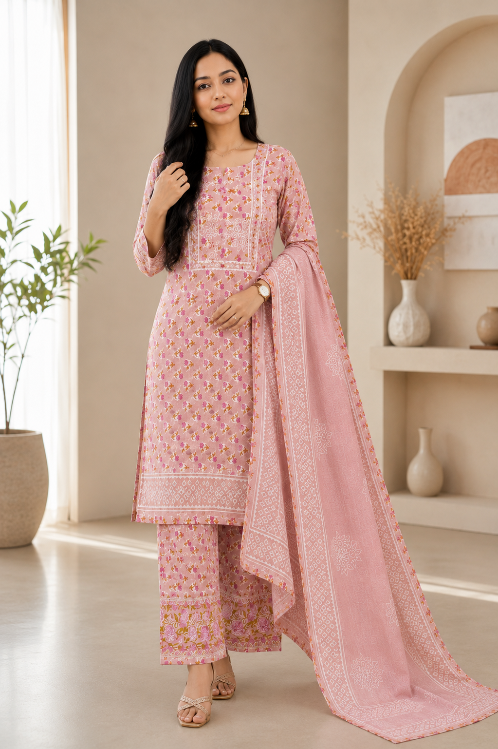 Baby Pink Unstiched Salwar Material With Kurti, Pant and dhupatta -YUS065