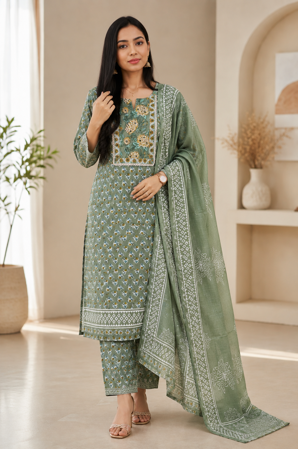 Green Unstiched Salwar Suit wIth Kurti , pant, Dhupatta. - YUS066