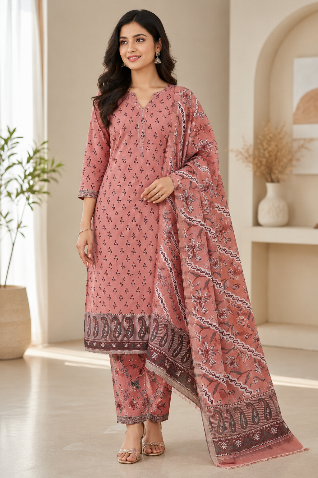 Peach Unstiched Salwar Material With Kurti, Pant and dhupatta -YUS144